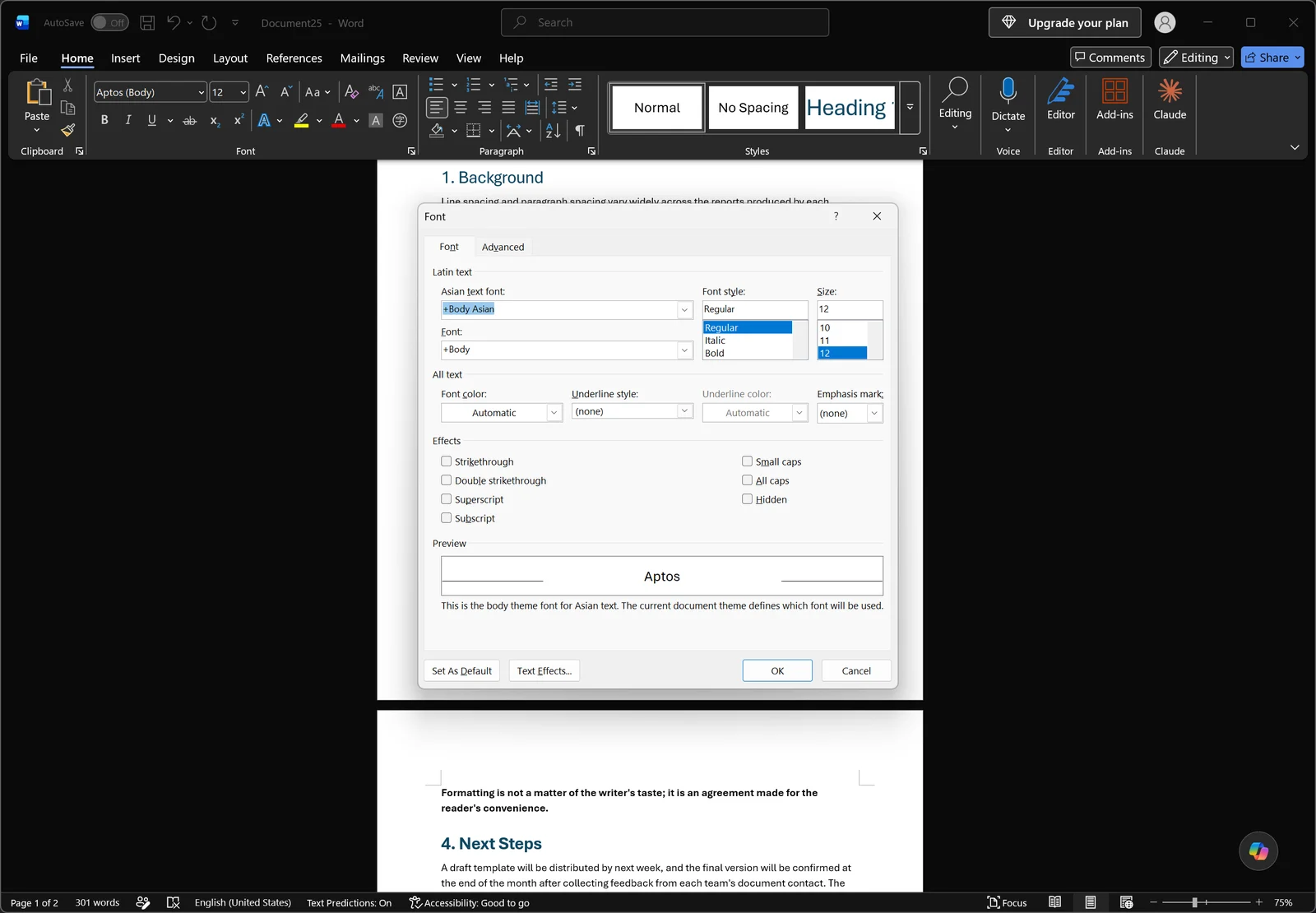 Word Font dialog open showing font, style and size lists with a preview area and the Advanced tab for character spacing