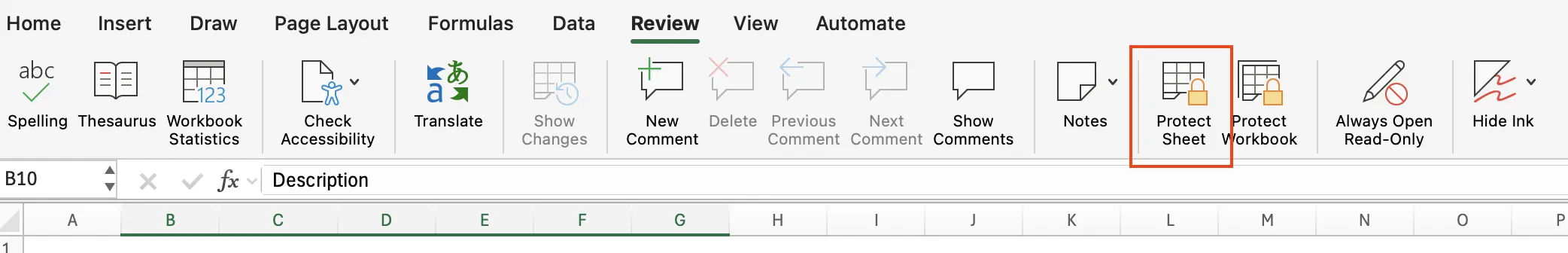 Excel Review tab ribbon with Protect Sheet and Protect Workbook buttons highlighted