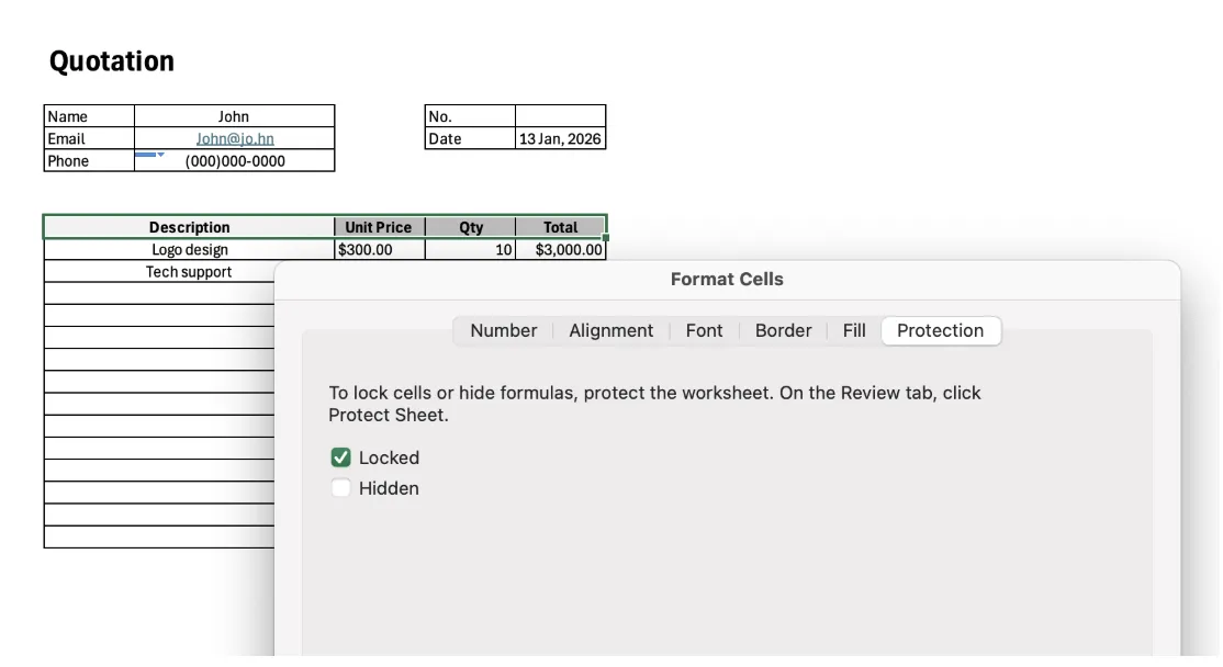 Quotation template with Protect Sheet applied and Locked status confirmed in Format Cells