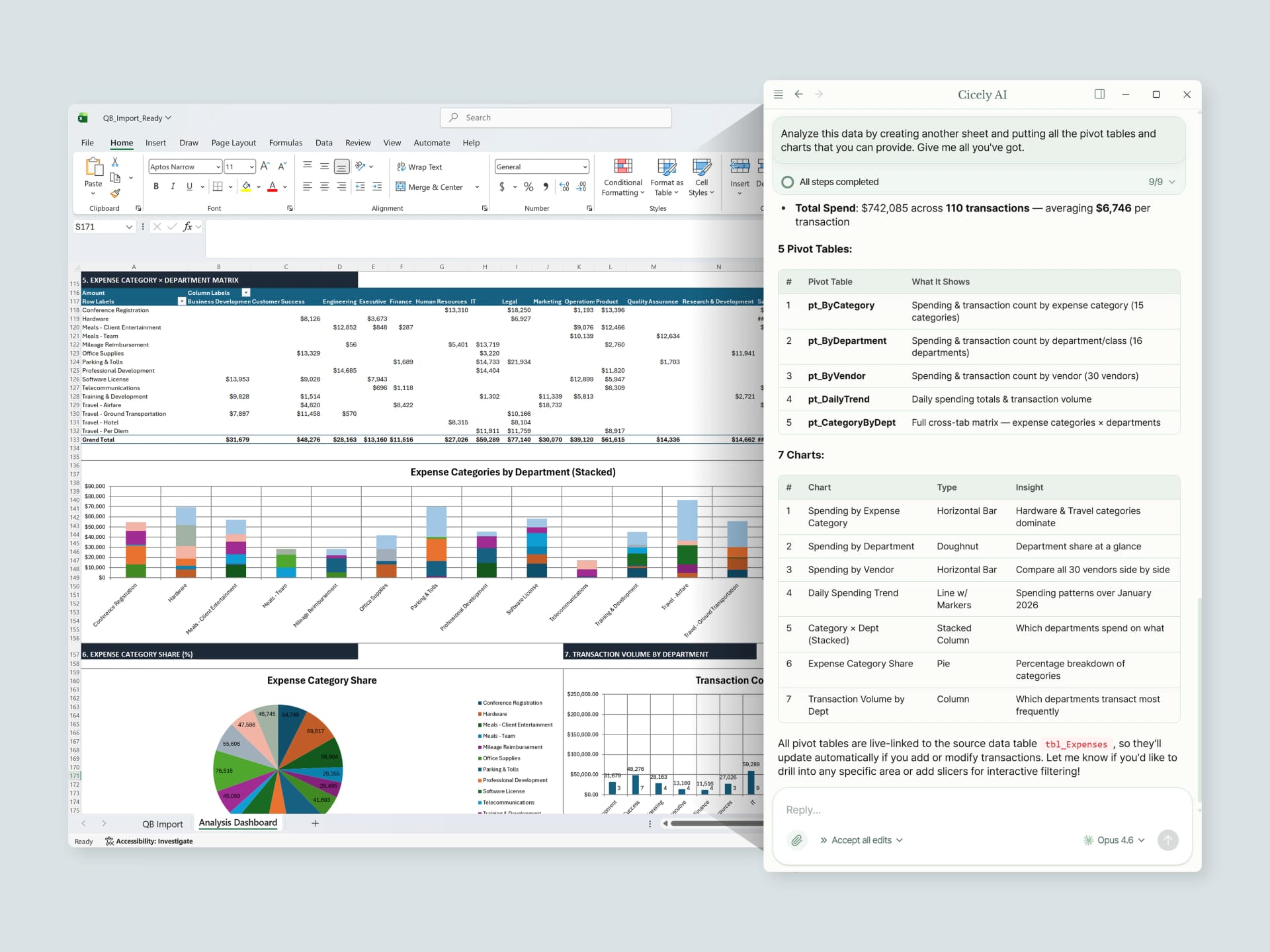 inline AI analyzing expense data and building pivot tables and charts in Excel