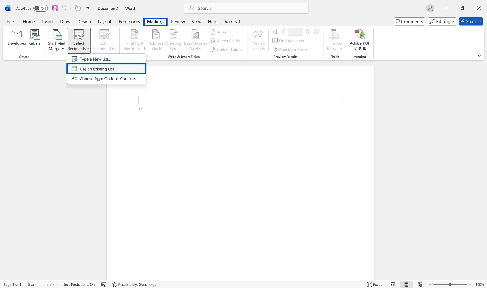 Word Mailings tab with Select Recipients open and Use an Existing List highlighted