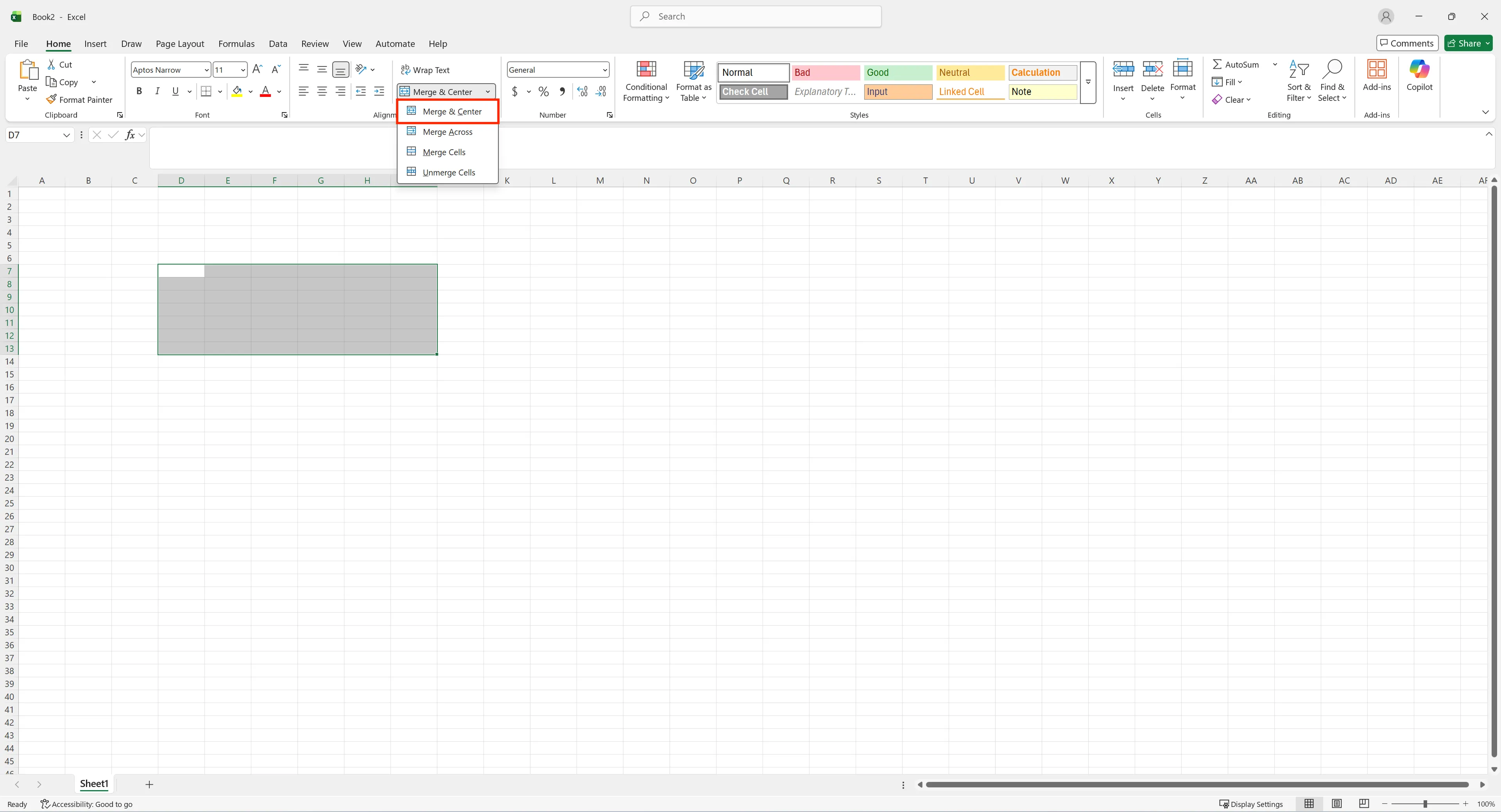 Excel Home tab showing Merge and Center dropdown with Merge Cells options