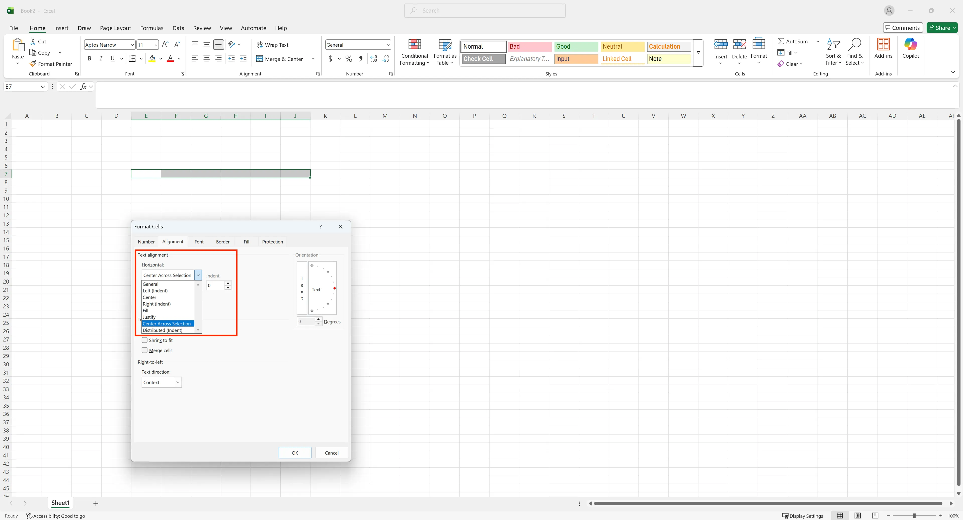 엑셀 선택 영역 가운데 맞춤 설정 화면