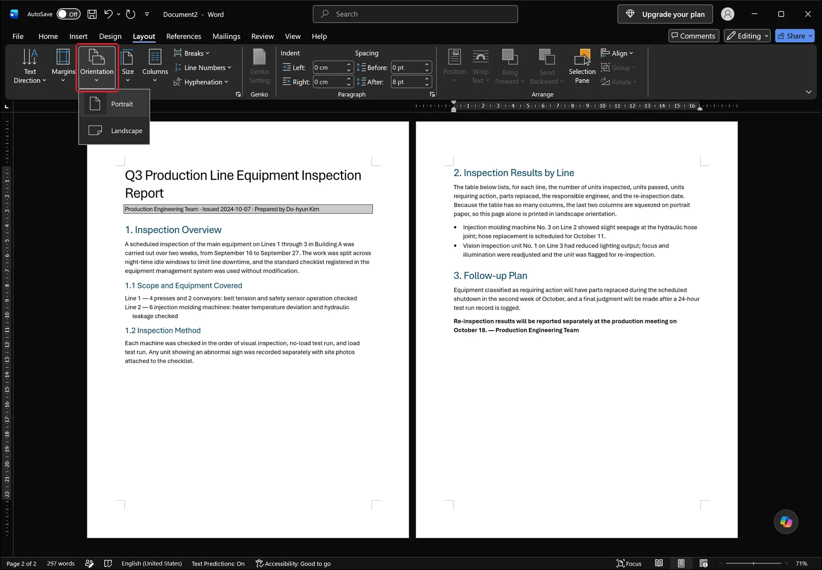 Word Layout tab with the Orientation dropdown open listing Portrait and Landscape, red box on the Orientation button