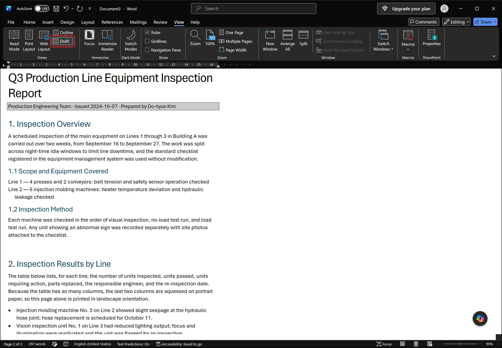 Word in Draft view showing continuous body text under the title and the headings 1. Inspection Overview, 1.1 Scope and Equipment Covered, 1.2 Inspection Method and 2. Inspection Results by Line, red box on the Draft button in the Views group of the View tab