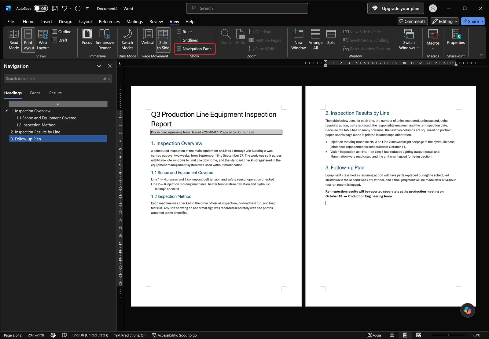 Word with the Navigation pane open on the left listing document headings, red box on the Navigation Pane checkbox