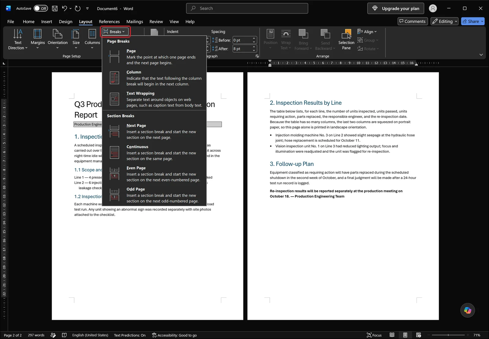 Word Layout tab with the Breaks dropdown open showing page breaks and section breaks including Next Page, red box on the Breaks button
