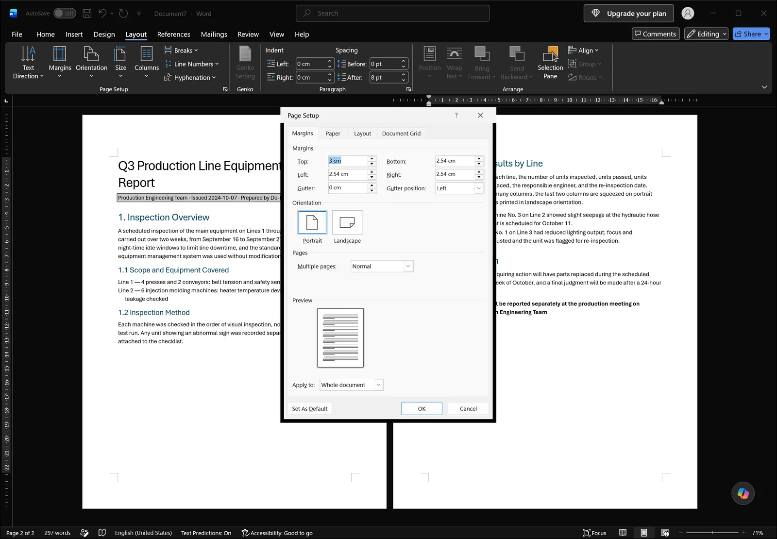 Word Page Setup dialog open showing margin boxes, Portrait and Landscape orientation options and the Apply to dropdown