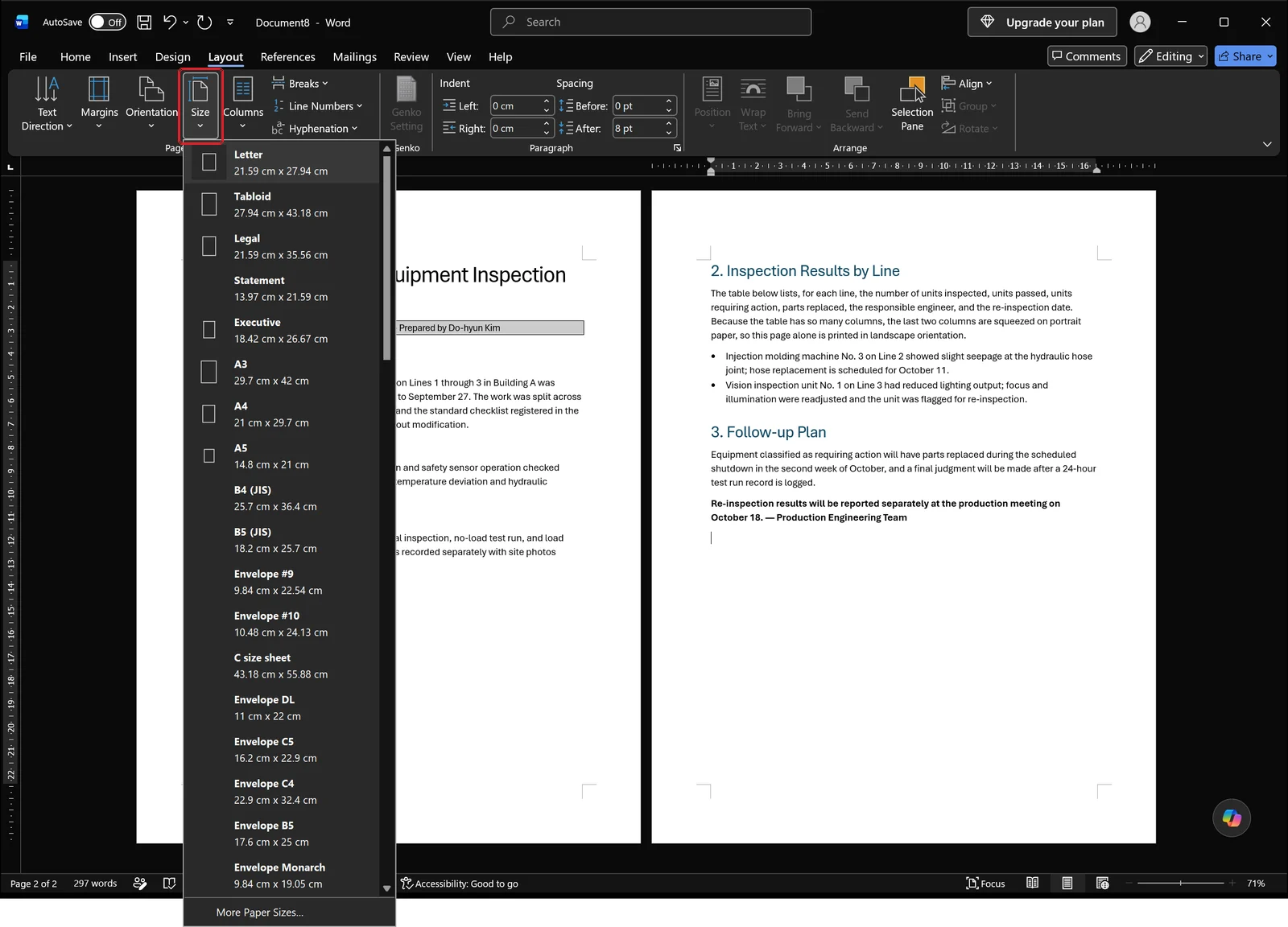 Word Layout tab with the Size gallery open listing paper sizes and the More Paper Sizes command, red box on the Size button