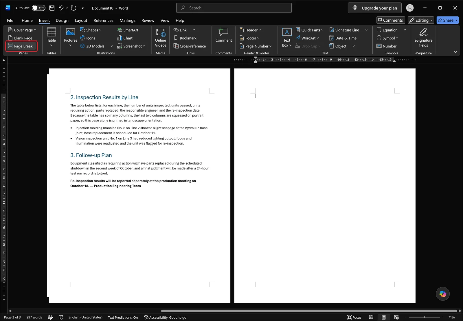 Word Insert tab after clicking Page Break, cursor moved to a new empty portrait page, red box on the Page Break command