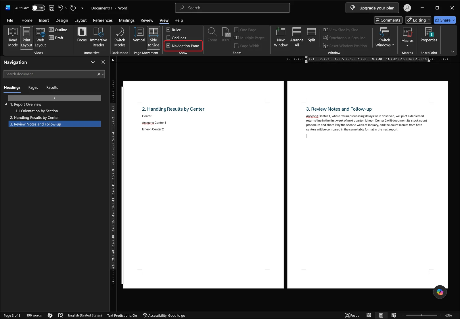 Word Navigation pane open on the Headings tab listing the document outline 1. Report Overview, 1.1 Orientation by Section, 2. Handling Results by Center and 3. Review Notes and Follow-up, red box on the Navigation Pane checkbox