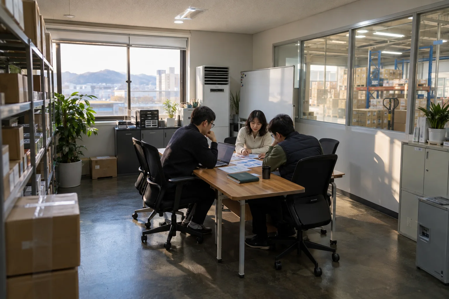 도매 유통사 사무실 회의 테이블에서 직원 세 명이 출력한 매출 차트와 노트북을 함께 보며 월간 실적을 논의하는 넓은 장면