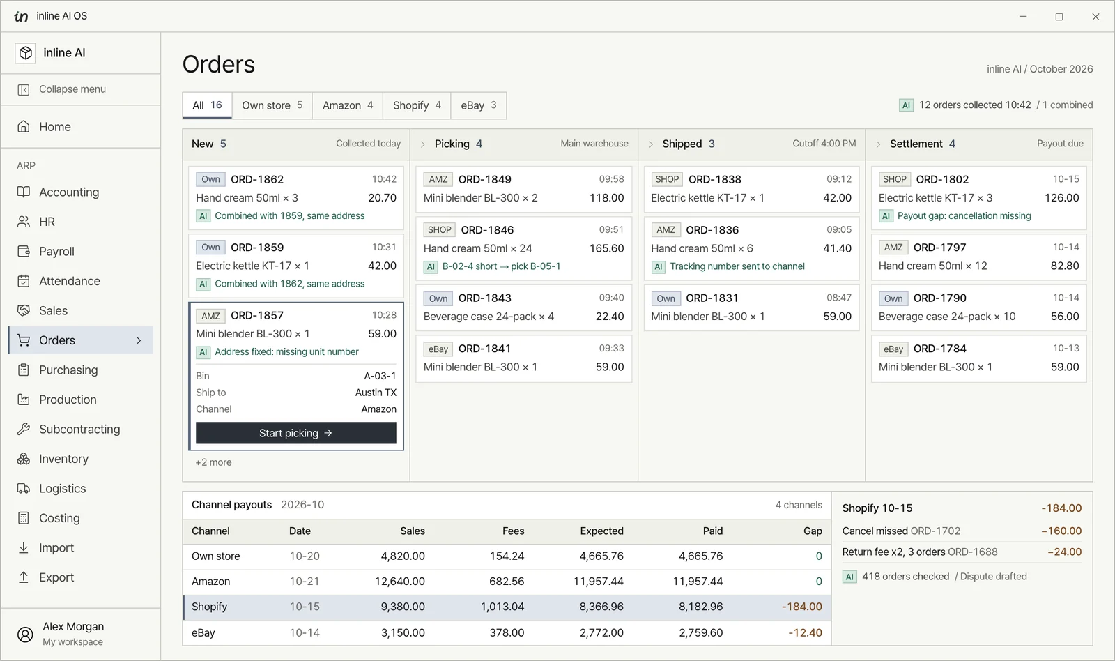 Orders screen in inline AI ARP with own-store, Amazon, Shopify and eBay orders grouped into New, Picking, Shipped and Settlement columns, and a channel payout table that flags a $184 Shopify gap