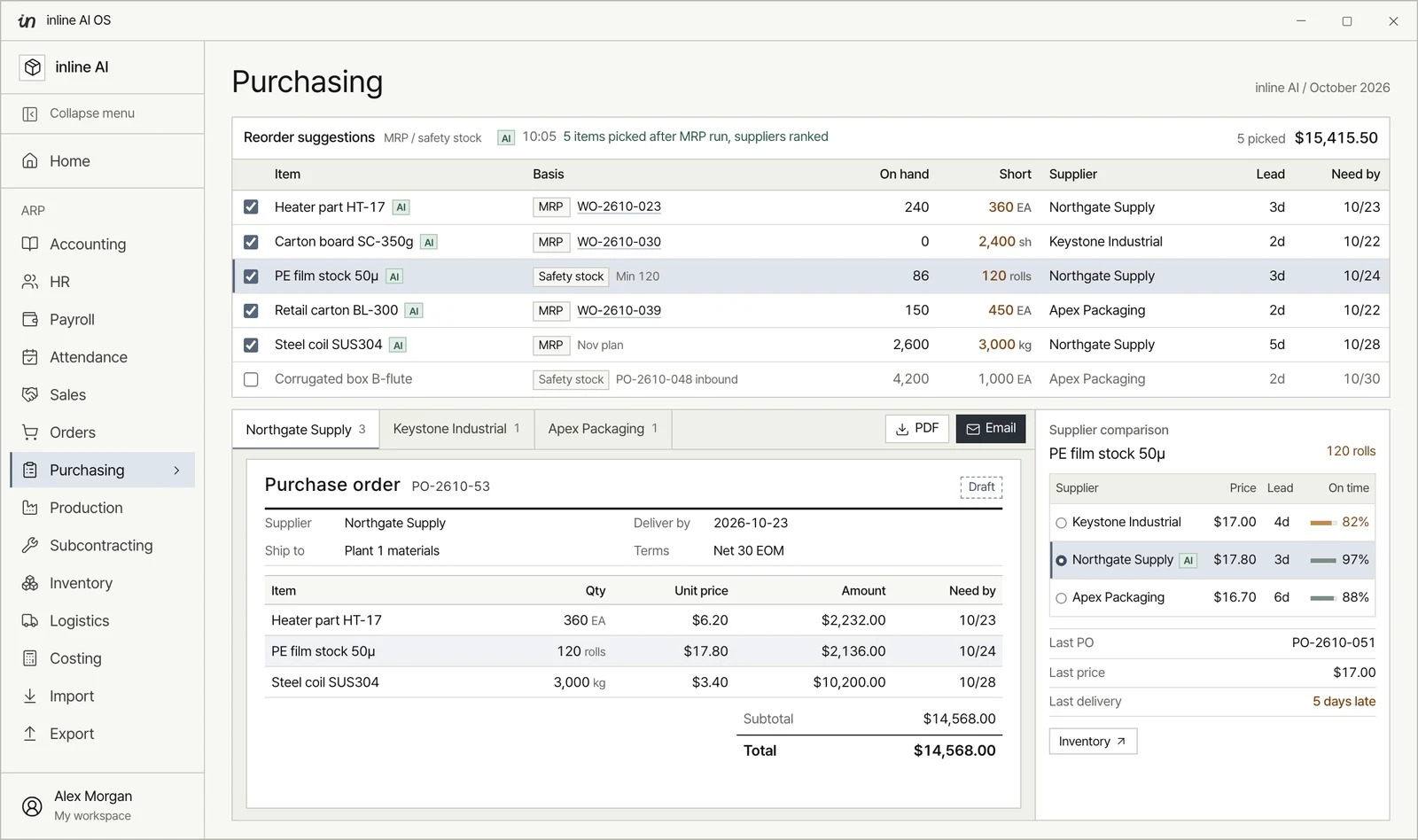 Purchasing module with five reorder suggestions from MRP and safety stock, a draft purchase order PO-2610-53 to Northgate Supply, and a supplier comparison of price, lead time and on-time rate