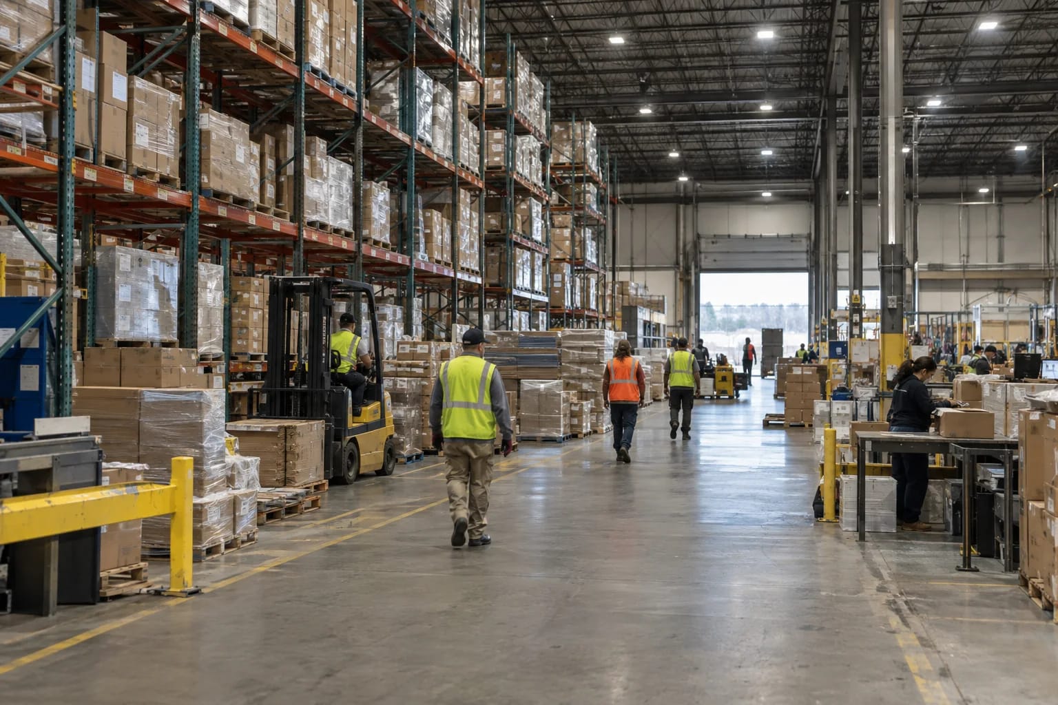Shift change on the floor of a mid-size US distribution center, with forklifts and high pallet racking
