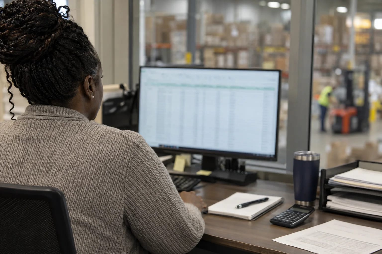 A controller reviewing month-end numbers in a glass-walled office that overlooks the warehouse floor