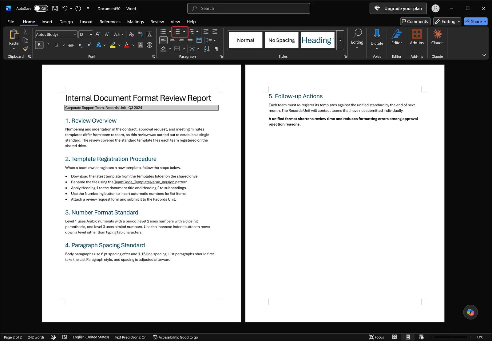 Word Home tab with the Numbering button outlined in red inside the Paragraph group, above a report document about internal template formats