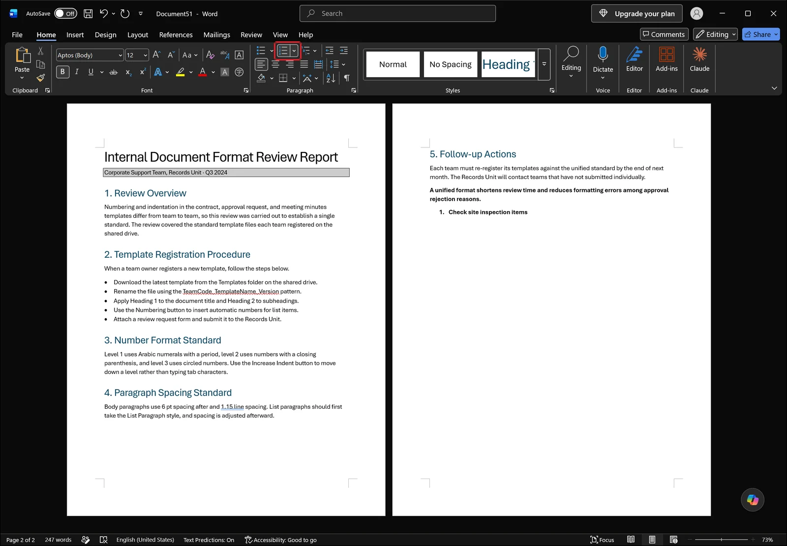 Word Home tab with the Numbering button outlined in red in the Paragraph group, with the existing item "1. Check site inspection items" visible in the document below