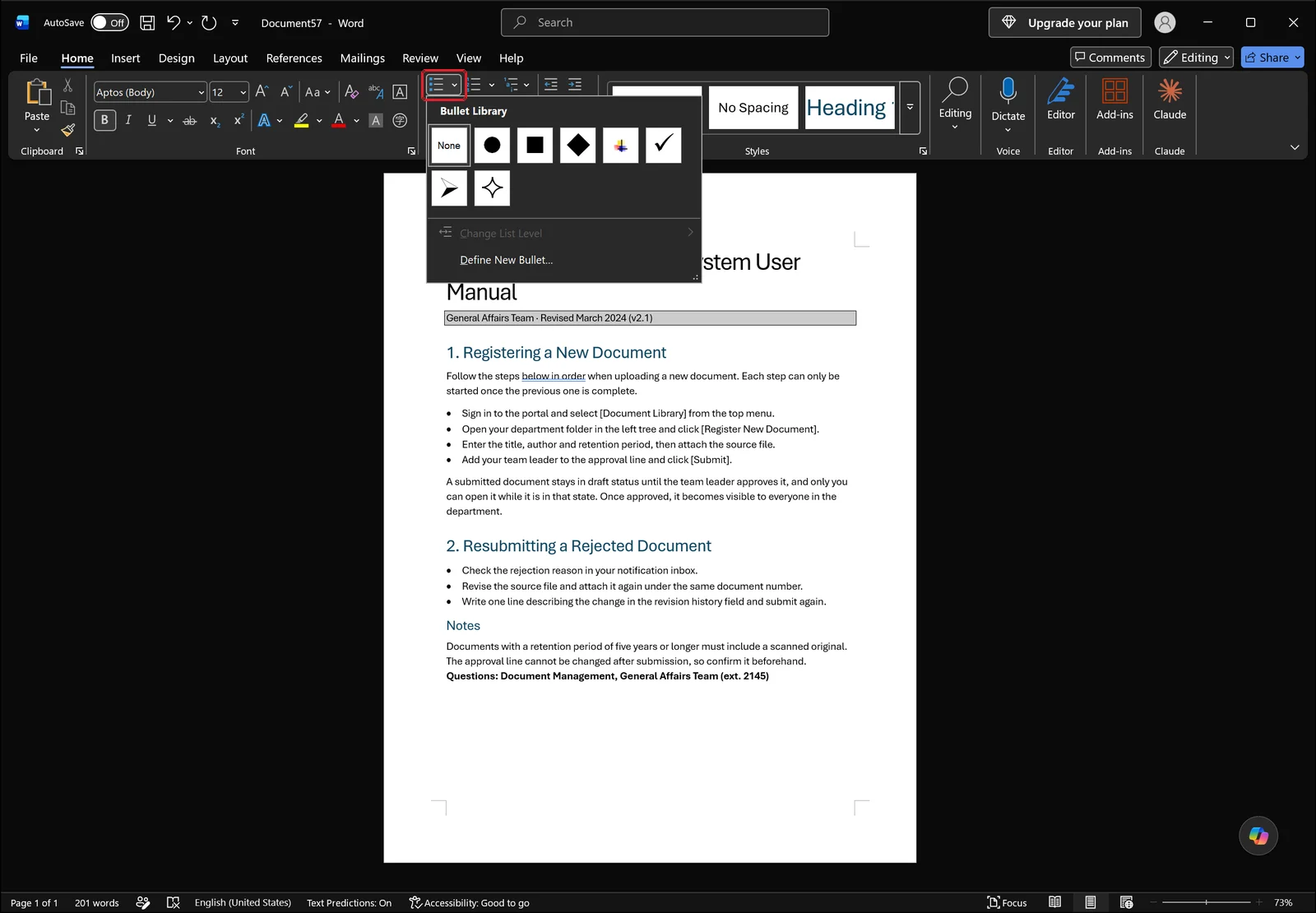 The Bullet Library gallery open with thumbnails for a filled round dot, a filled square, a filled diamond, a four-petal flower, a check mark, an arrowhead and a four-point sparkle, above a greyed-out Change List Level entry and the active Define New Bullet command