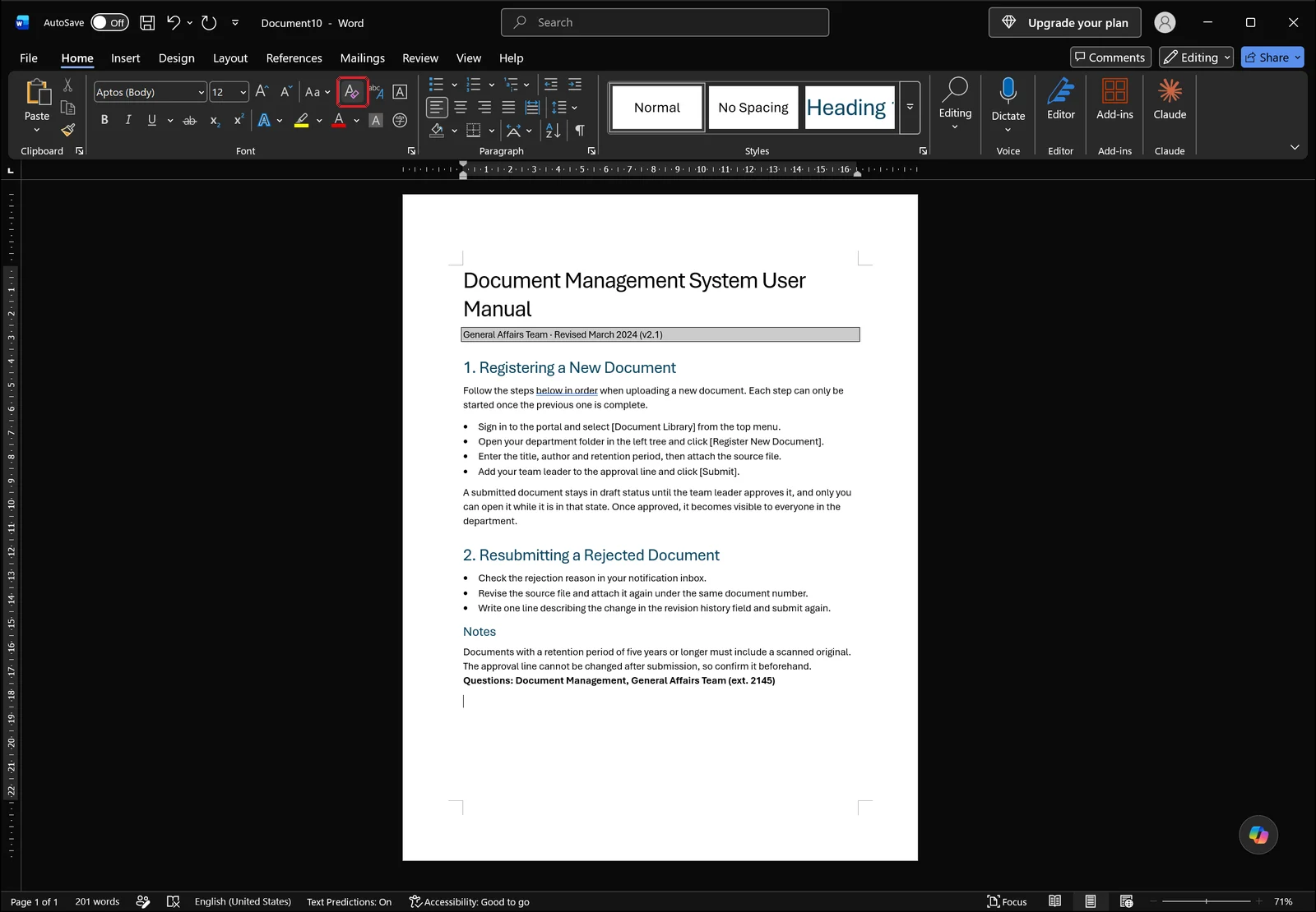 Home tab with the Clear All Formatting button outlined in red in the Font group, just after the Aa Change Case button, above a manual whose lists are still bulleted and whose headings are still styled