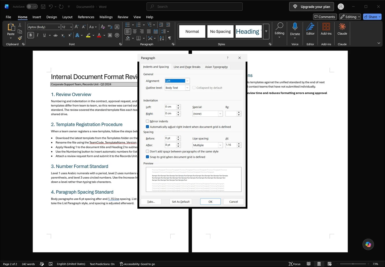 The Paragraph dialog open on the Indents and Spacing tab, with left and right indentation boxes, a special indent dropdown, before and after spacing, line spacing and a preview pane