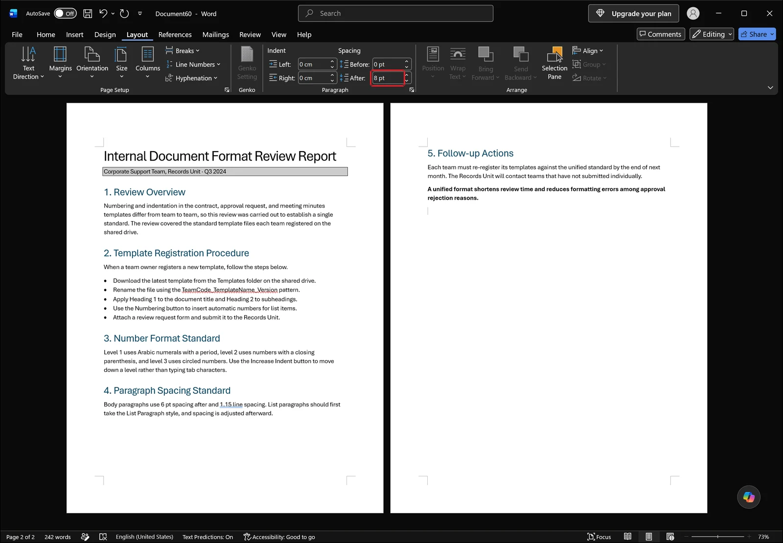 Layout tab active with the Spacing After box outlined in red among the indent and spacing controls in the Paragraph group