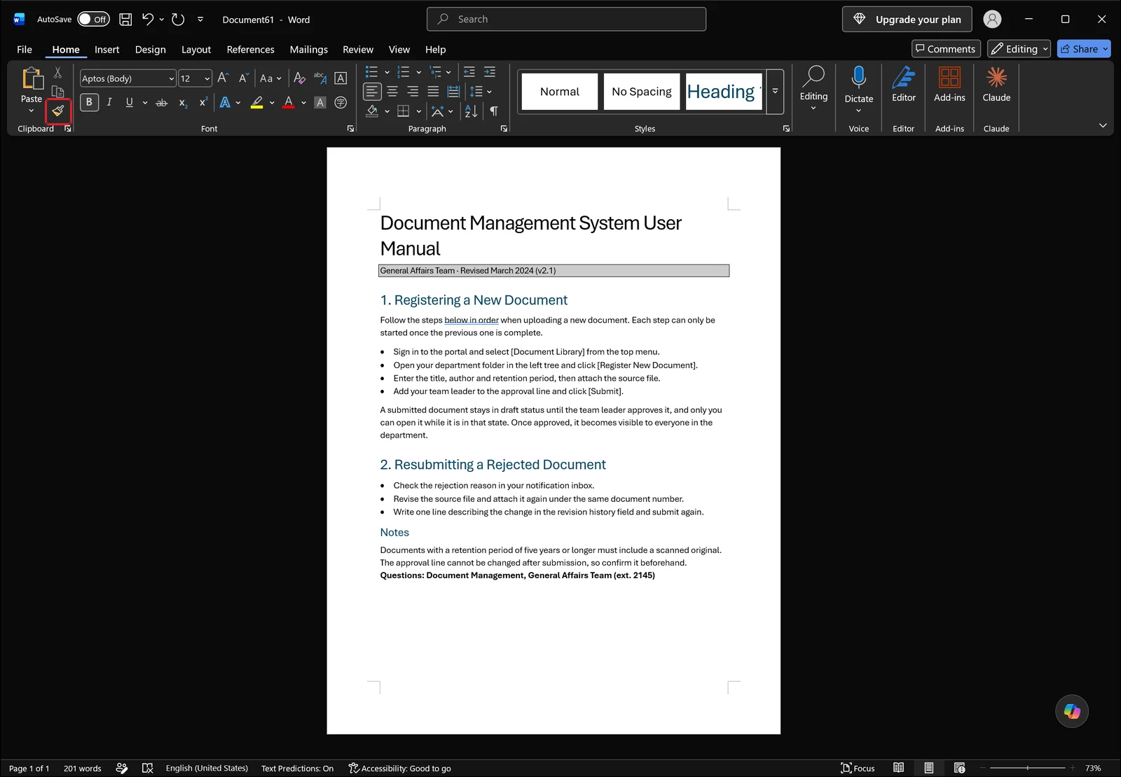 Home tab ribbon with the Format Painter brush icon boxed in red in the Clipboard group, sitting below Paste and next to Copy with no visible text label, above a manual document containing bulleted lists under numbered headings