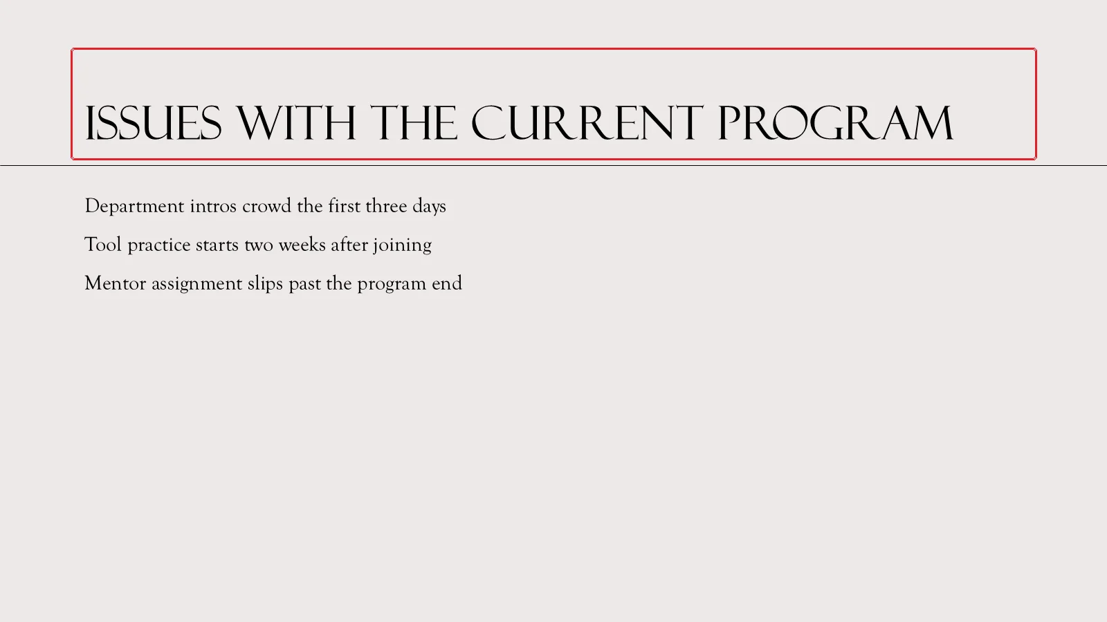 Rendered PowerPoint slide with a title and body text created from Outline View, with a red box on the title placeholder
