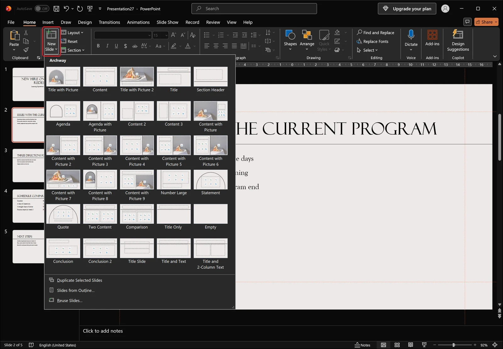 PowerPoint Home tab with the New Slide layout gallery dropdown open, the slow one-slide-at-a-time method