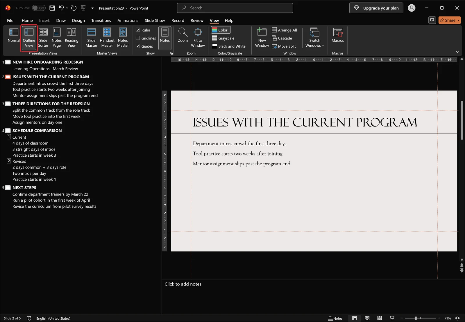PowerPoint in Outline view with slide titles and body text listed as an indented outline in the left pane