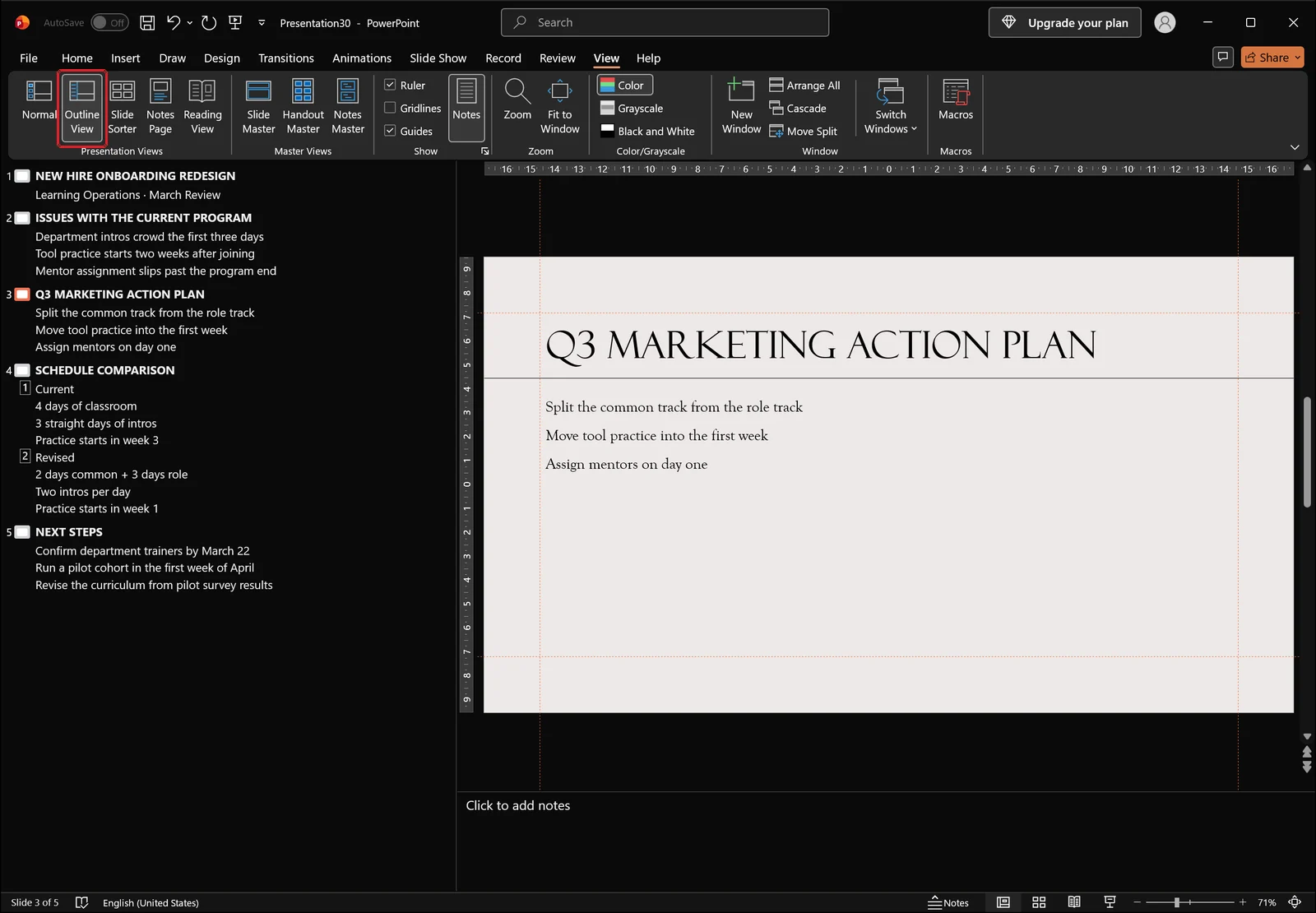 Outline view listing slide titles with indented body lines in the left pane, and the third slide shown in the preview on the right