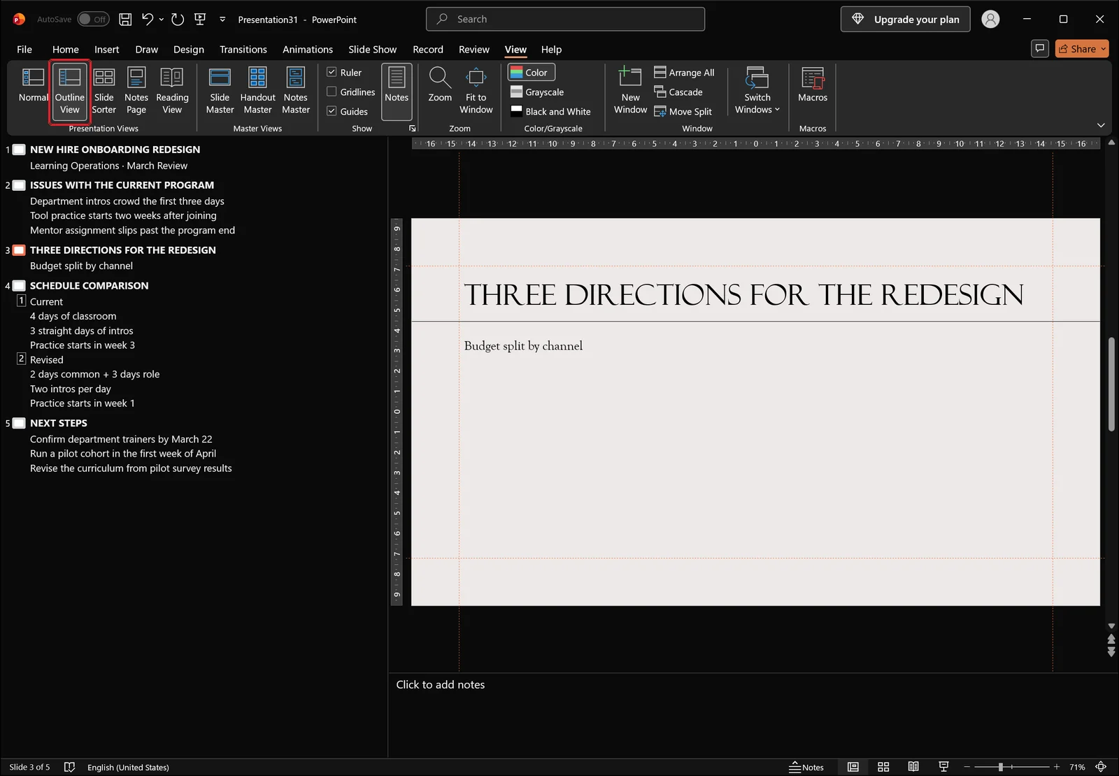Outline view with body lines indented one level beneath their slide titles