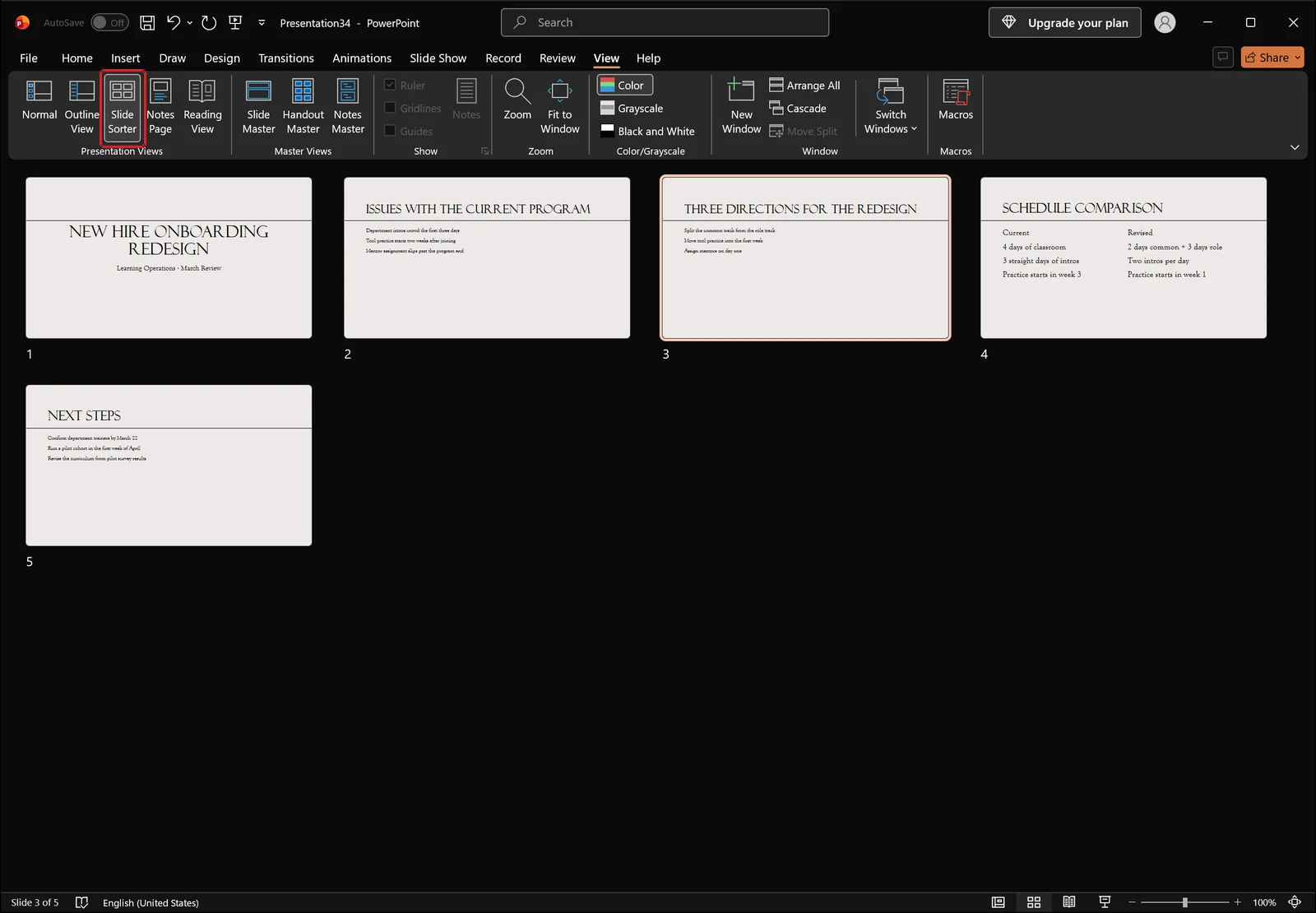 Slide Sorter view showing a grid of slide thumbnails created from the outline