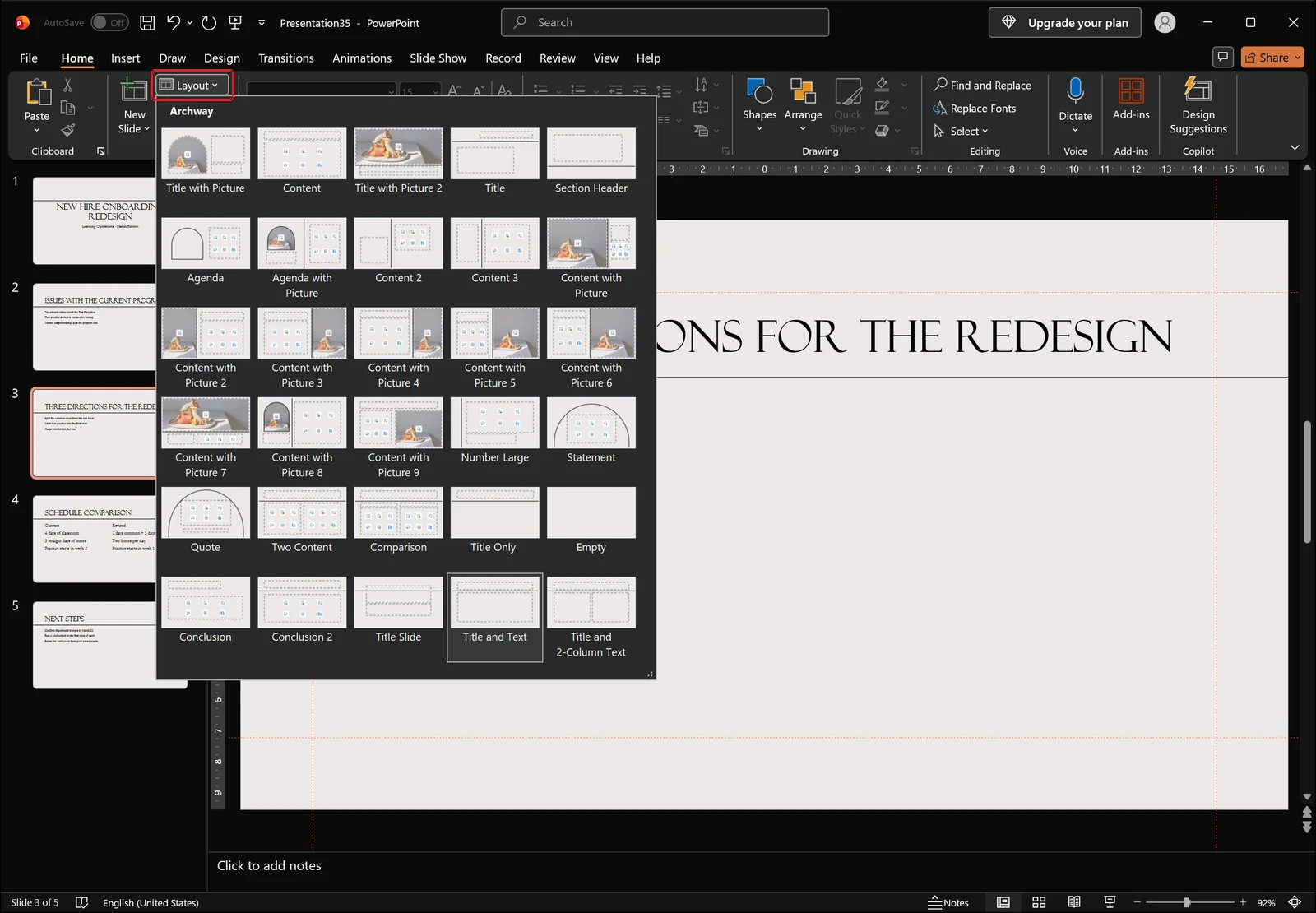 PowerPoint Home tab with the slide Layout gallery dropdown open showing layout thumbnails
