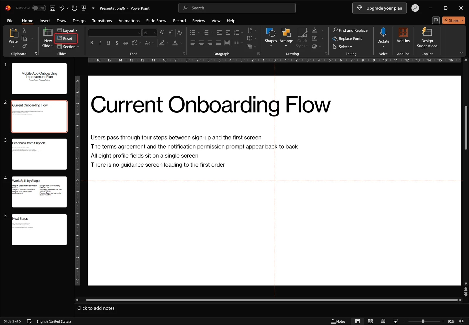 PowerPoint Home tab after clicking Reset so placeholders snap back to the layout position