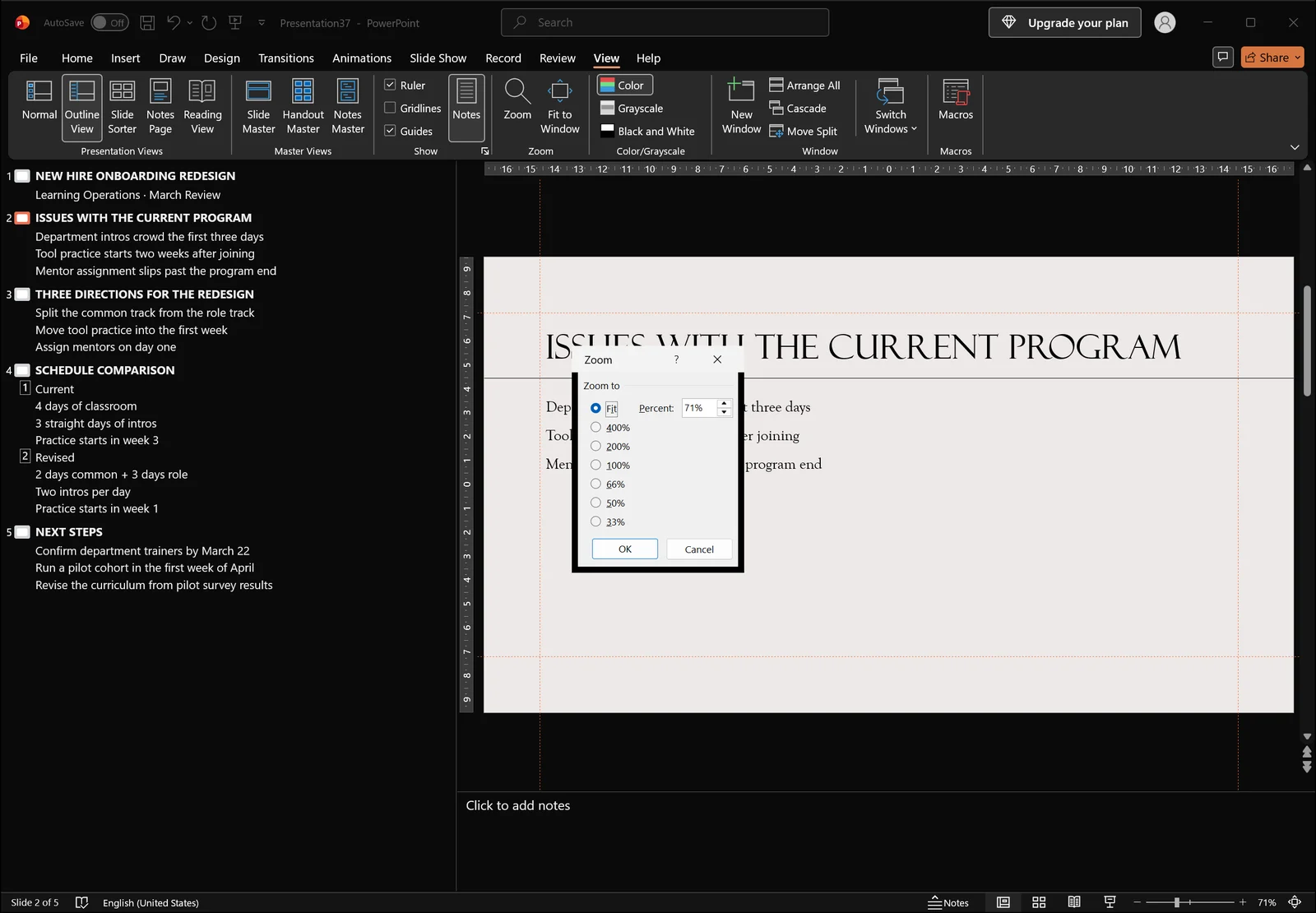 Zoom dialog box open over PowerPoint Outline view to enlarge the outline text