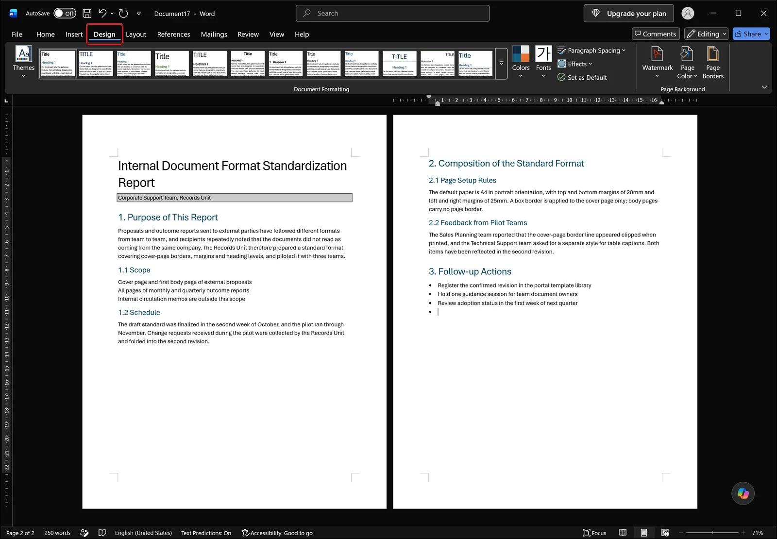 Word ribbon with the Design tab selected and highlighted by a red box, showing the style set gallery and page background group above a report document