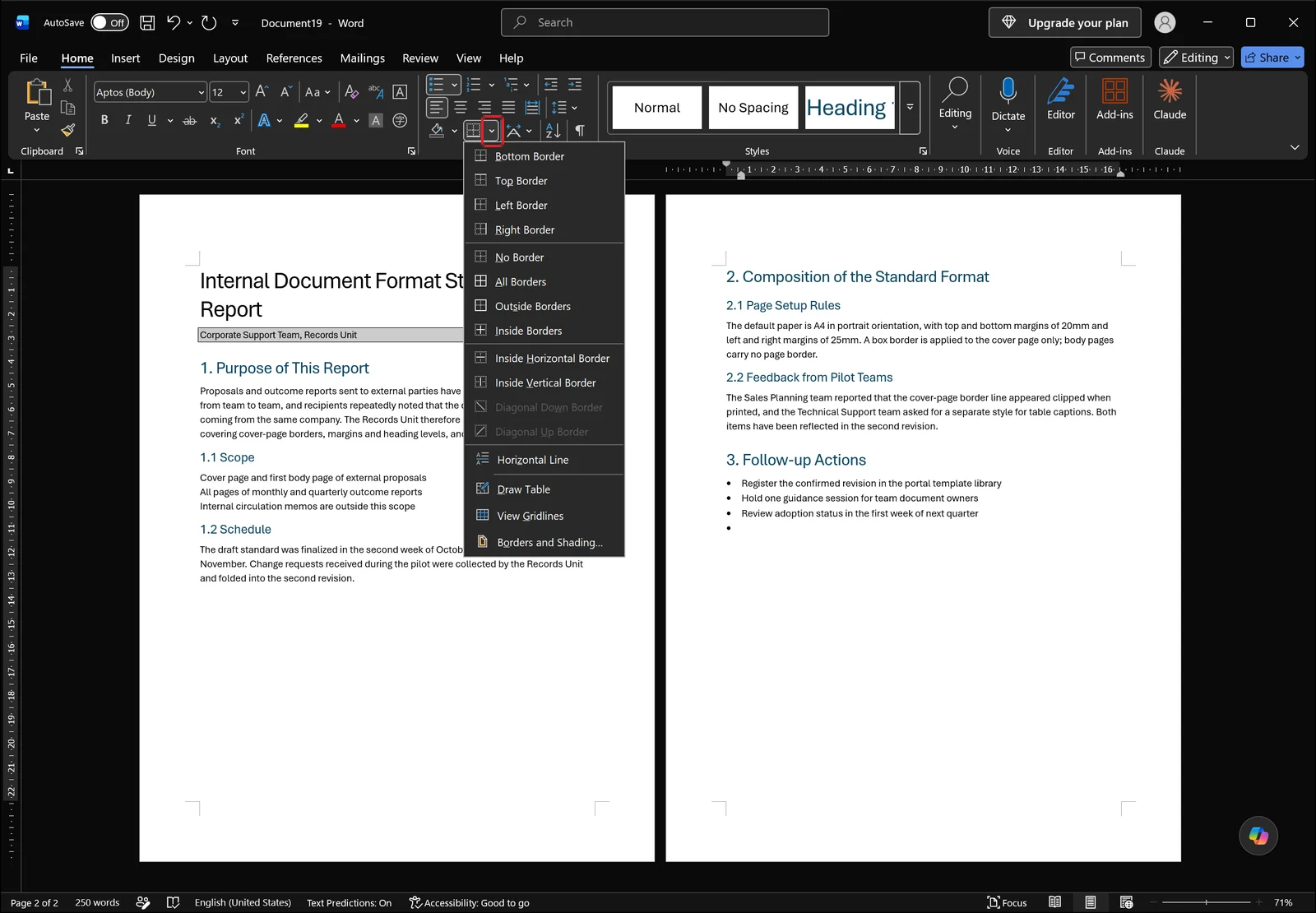 Word Home tab with the borders dropdown open listing the individual border commands and Borders and Shading, with a red box on the small drop-down arrow beside the Borders button
