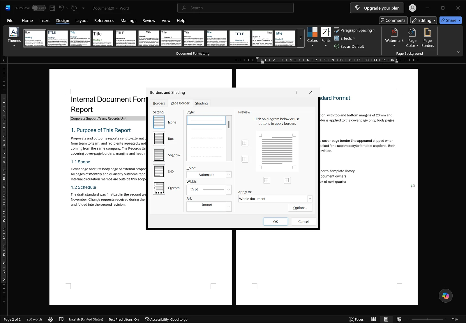 Word Borders and Shading dialog open showing the Page Border tab with setting list, style, color, width, preview, Apply to dropdown and Options button