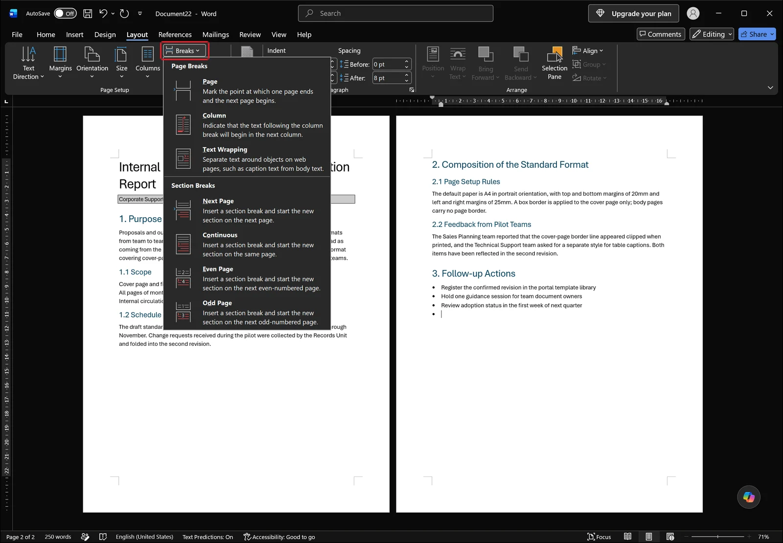 Word Layout tab with the Breaks dropdown open listing page breaks and section breaks, with a red box on the Breaks button