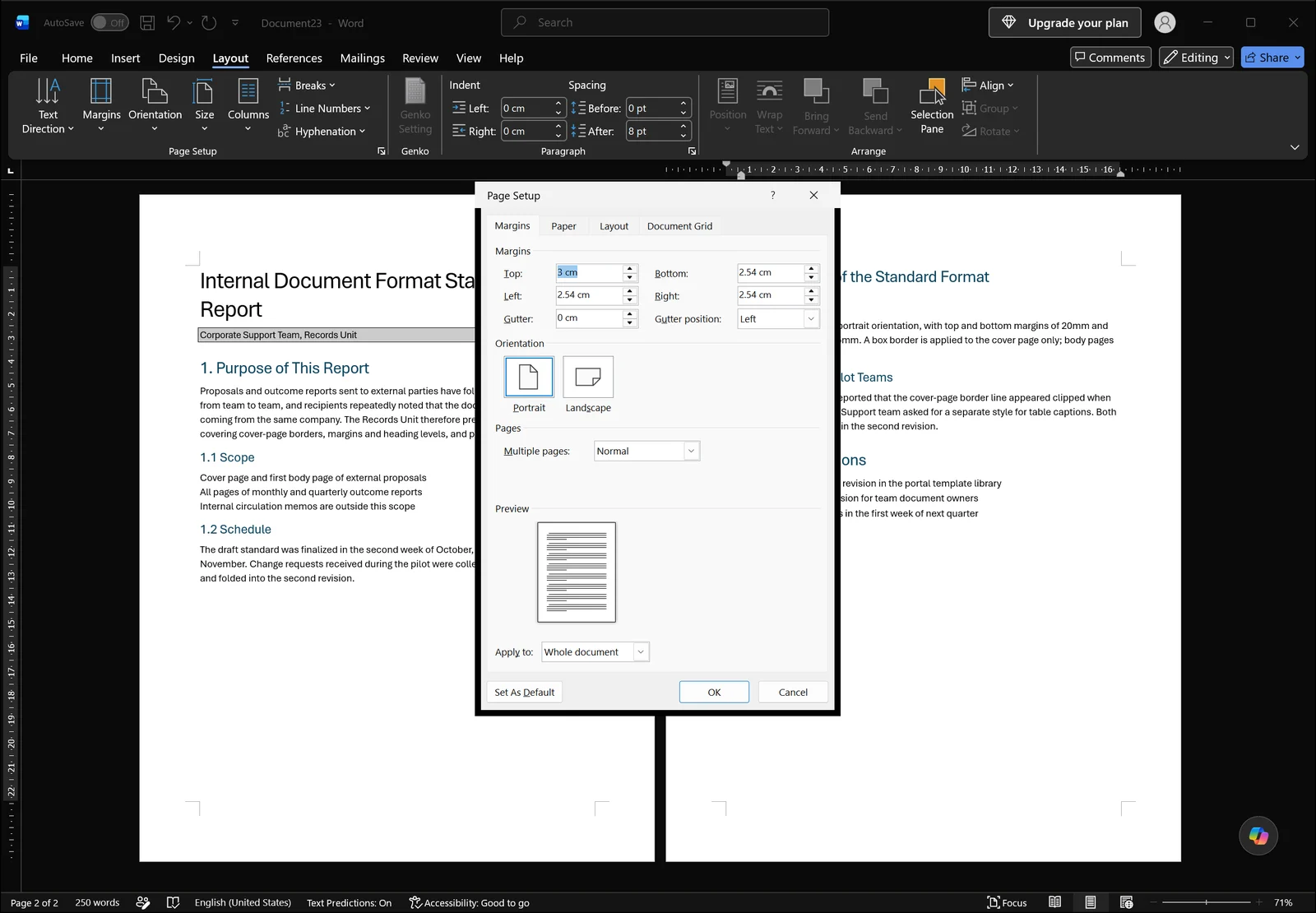 Word Page Setup dialog open showing margin boxes, orientation options and the Apply to dropdown
