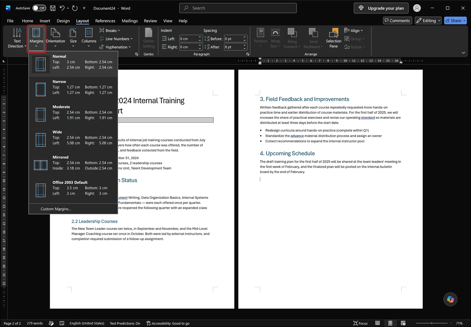 Word Layout tab with the Margins gallery open listing preset margin sets, with a red box on the Margins button