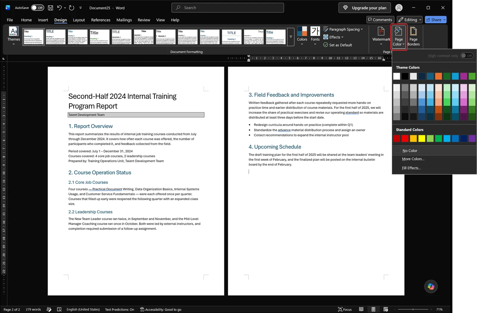 Word Design tab with the Page Color dropdown open showing the theme color palette and no-color command, highlighted by a red box