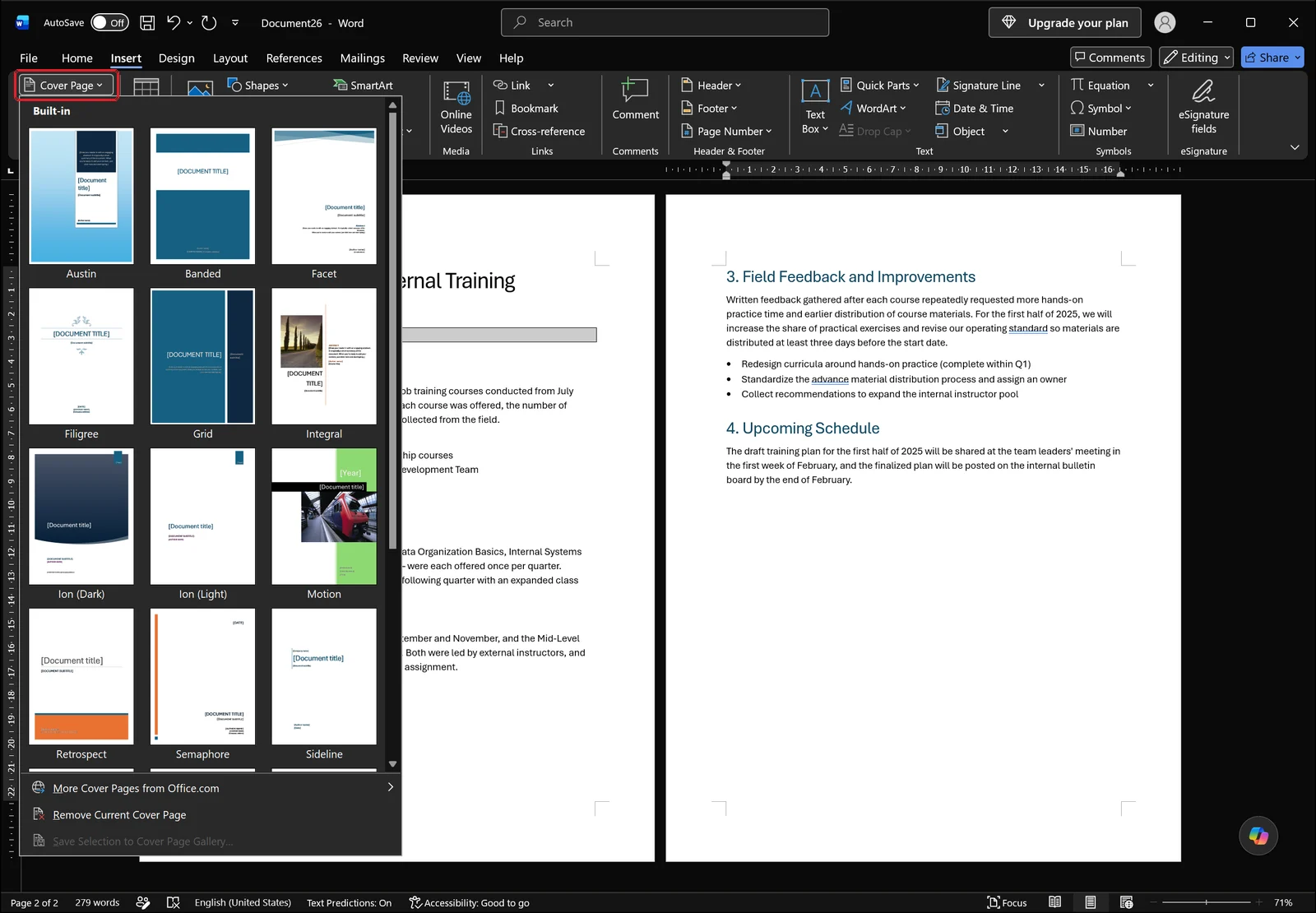Word Insert tab with the Cover Page gallery open showing built-in cover layout thumbnails, with a red box on the Cover Page button