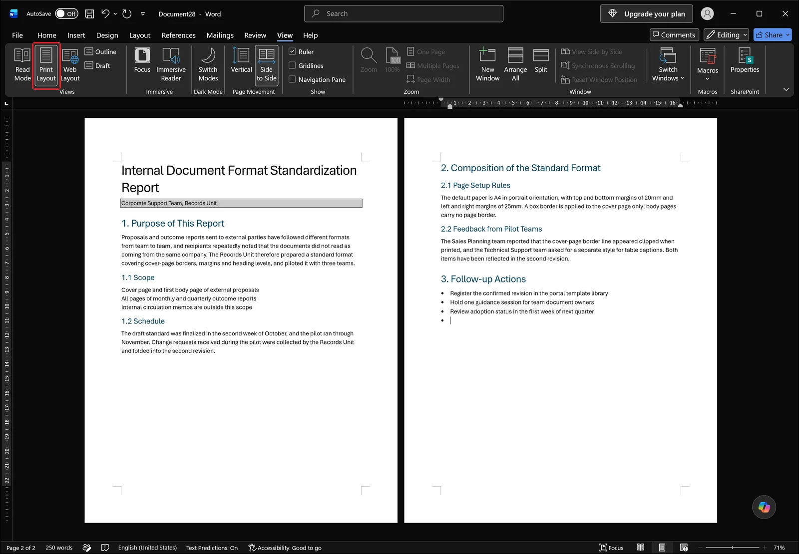 Word back in Print Layout view showing page edges and margins again, with a red box on the Print Layout button