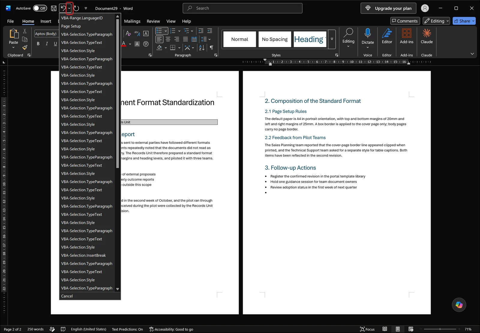 Word quick access toolbar with the Undo dropdown open listing internal VBA action names such as Page Setup and VBA-Selection.TypeText, with a red box on the small drop-down arrow beside the Undo button