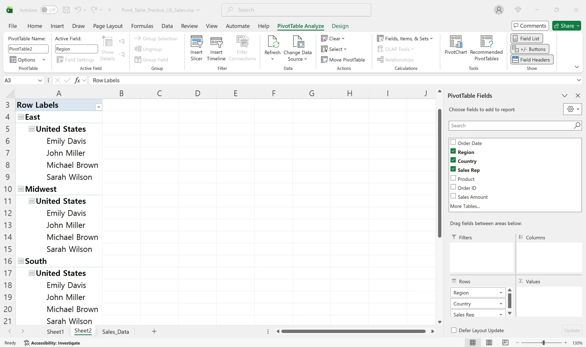 Pivot table grouping sales reps by Region and Country with PivotTable Fields panel open