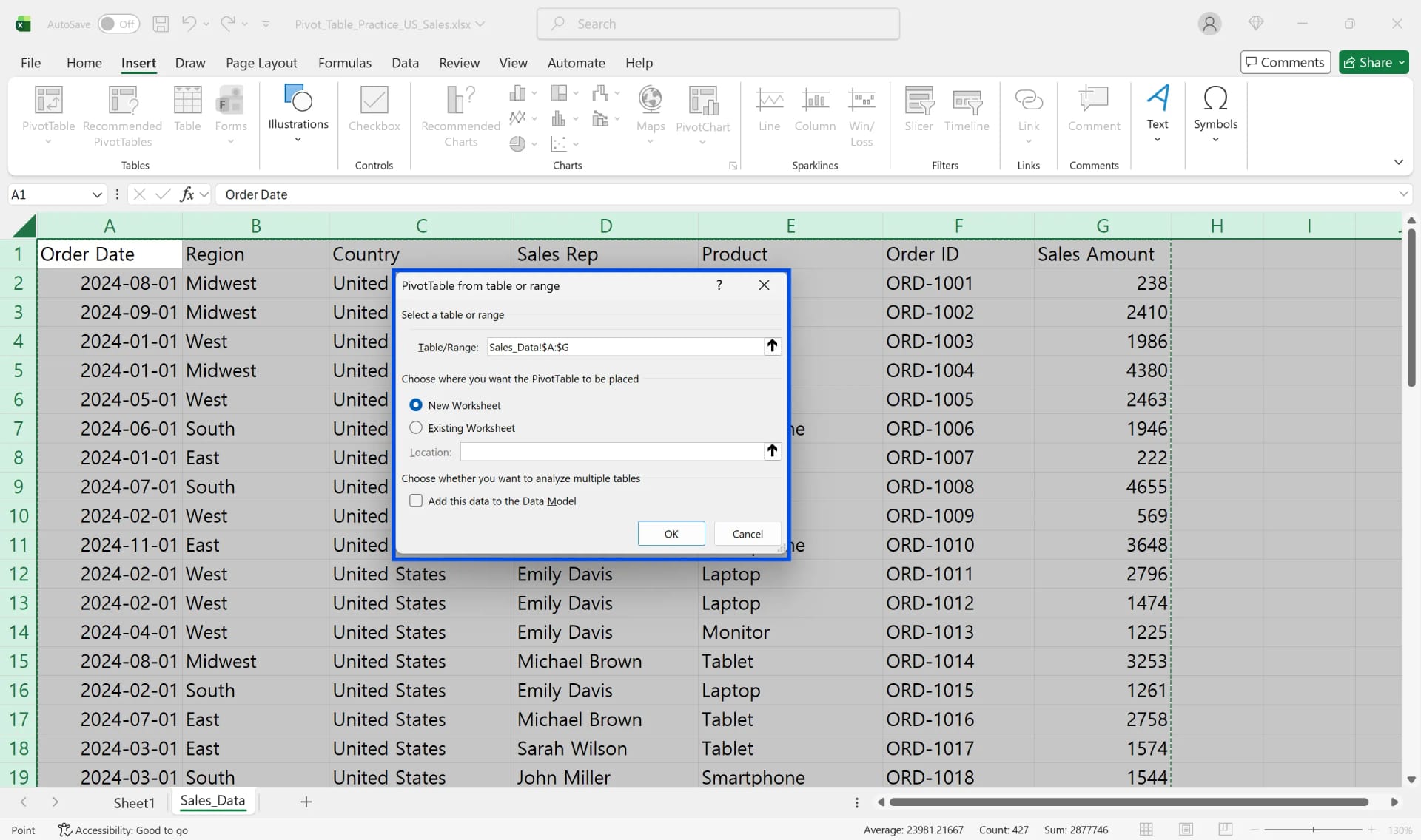 Insert PivotTable dialog selecting a data range with New Worksheet option