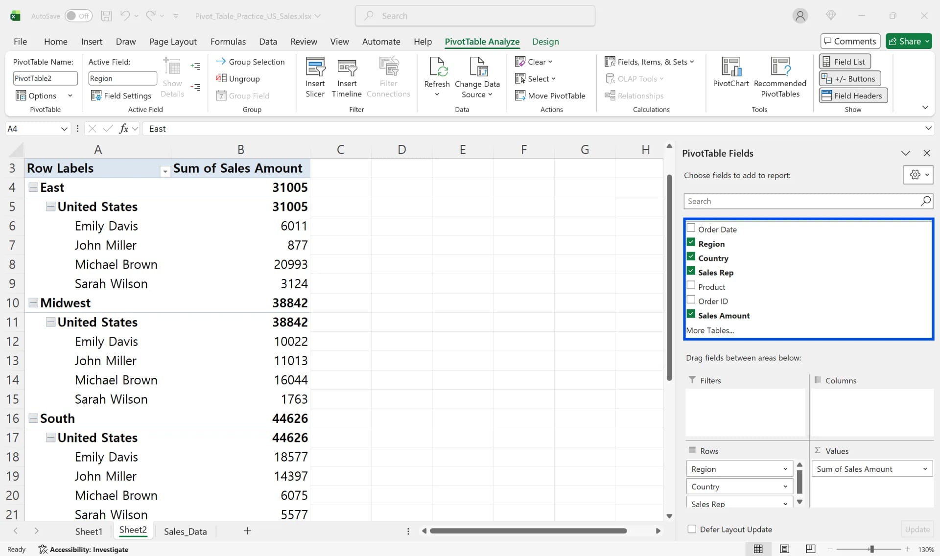 Pivot table showing Sum of Sales Amount by Region, Country, and Sales Rep