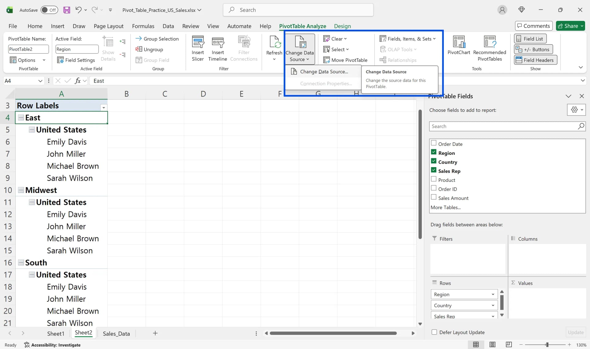 PivotTable Analyze tab with Change Data Source dropdown menu open
